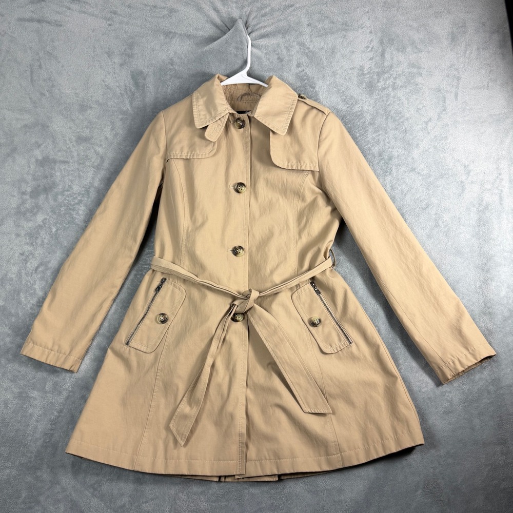 DKNY Womens M Tan Trench Coat Belted Mid-Length Cotton Blend Quiet Luxury Office